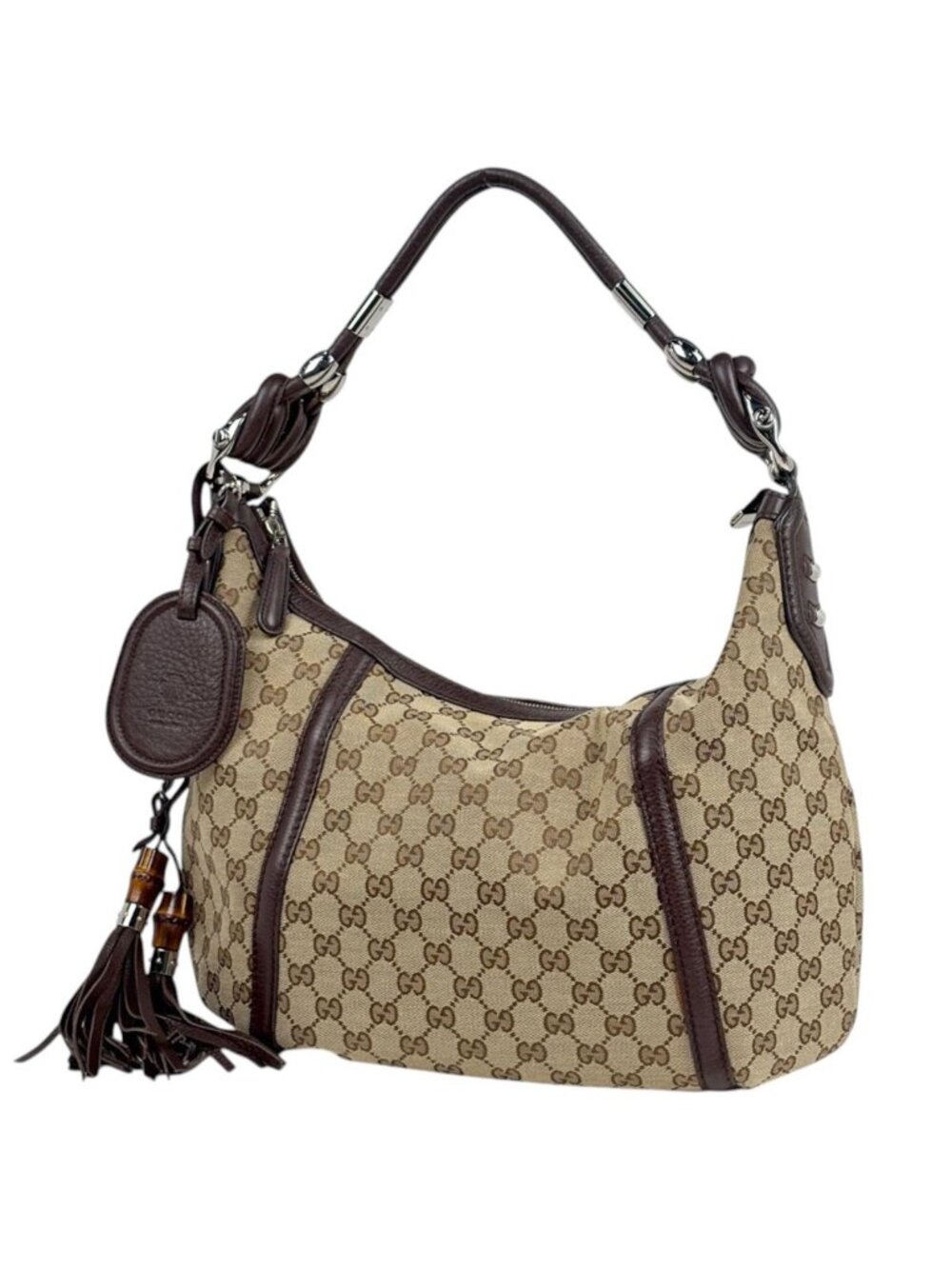Gucci Shoulder Bag GG Pattern Bamboo Canvas Brown